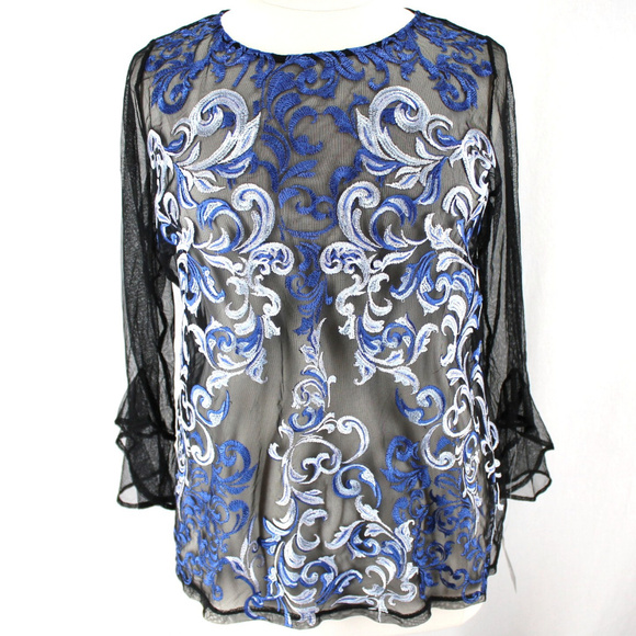 INC International Concepts Tops - INC Embroidered Semi Sheer Top 1X Black Blue